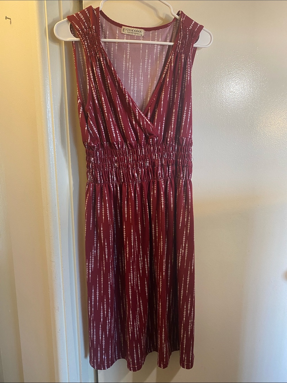Jon & Anna Burgundy Sleeveless V-Neck Metallic-Strip Dress